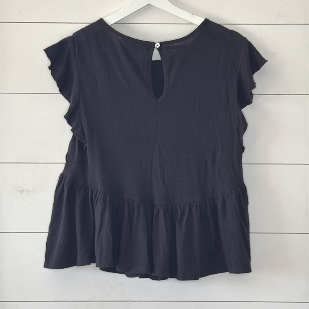 Lucky Brand Black Embroidered Ruffle Short Sleeve Blouse Size Small - Picture 6 of 7
